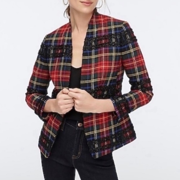 J Crew Blazer Going Out Holiday Sz 0 in Lurex Stewart Tartan Black Red Plaid